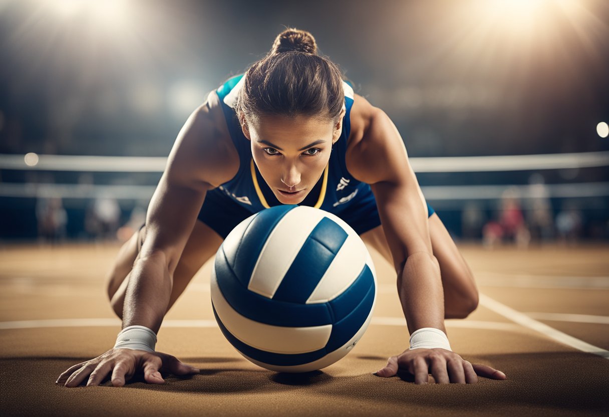 A volleyball player crouches low, arms outstretched, ready to receive a spiked ball