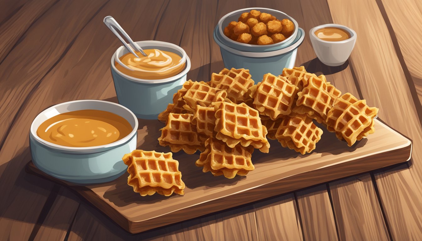 A plate of golden-brown chicken and waffle bites, arranged neatly with a side of dipping sauce, set on a rustic wooden serving board