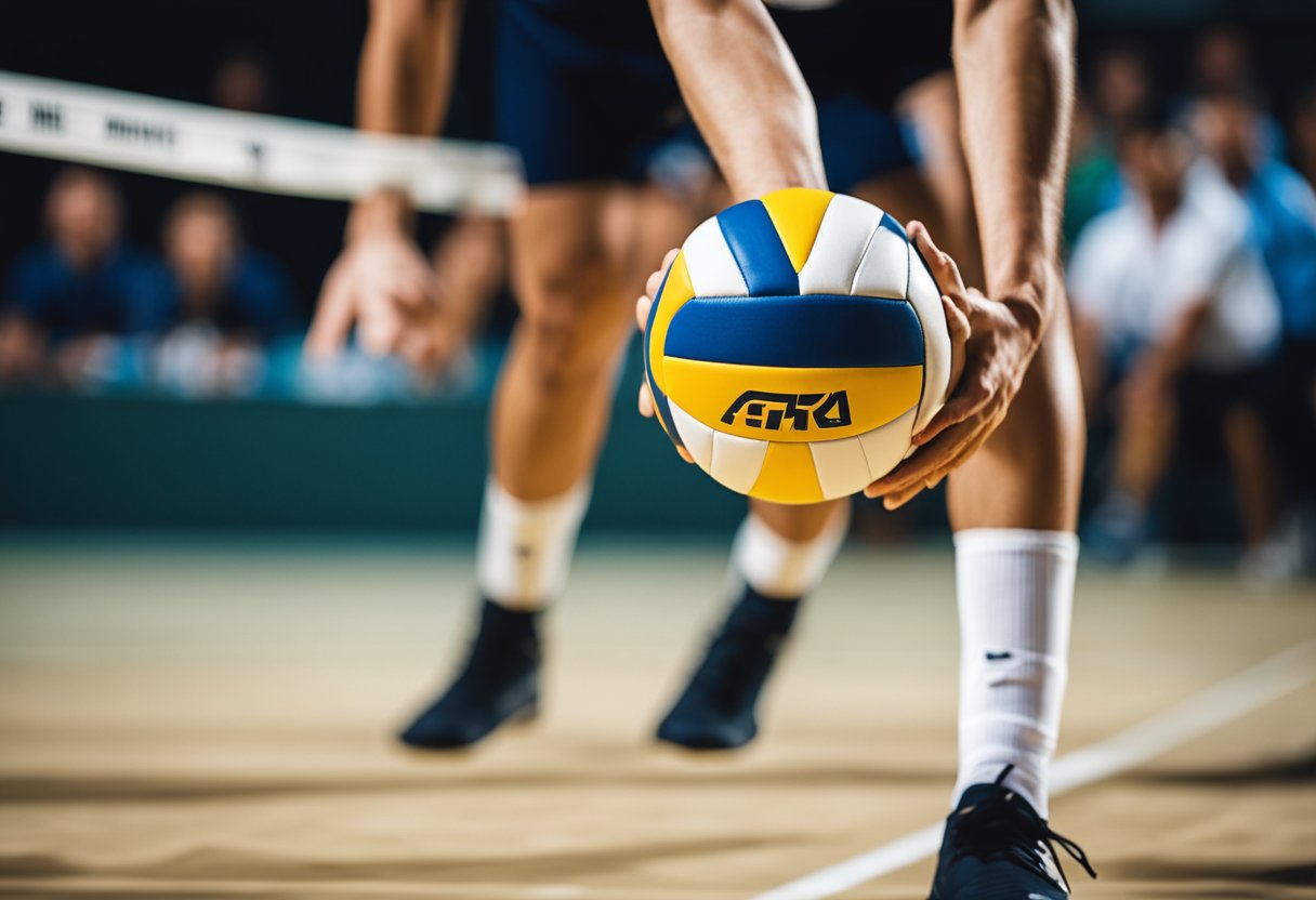 Volleyball court with a player preparing to hit the ball with a dig technique, focusing on low stance and arms extended for a bump