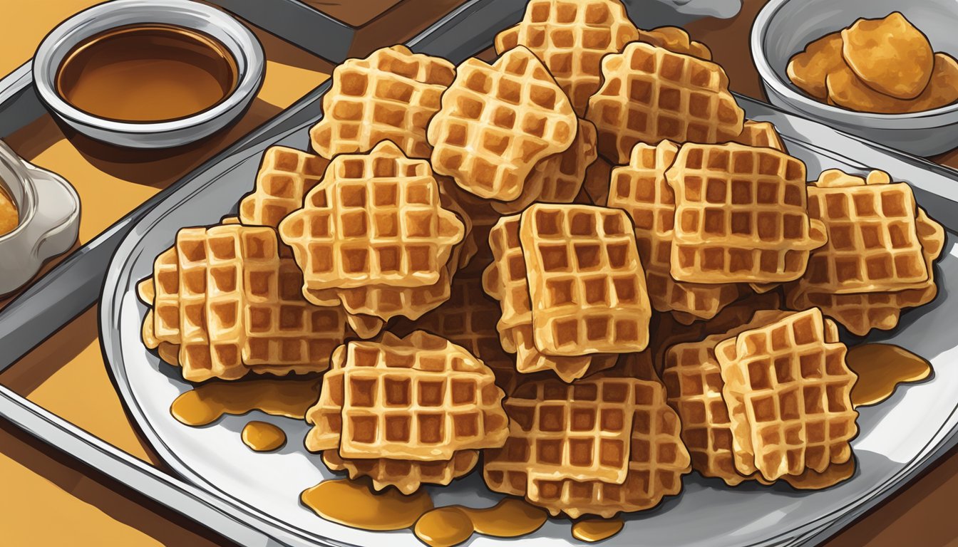 A plate of golden brown chicken and waffle bites arranged neatly with a side of syrup, ready to be enjoyed