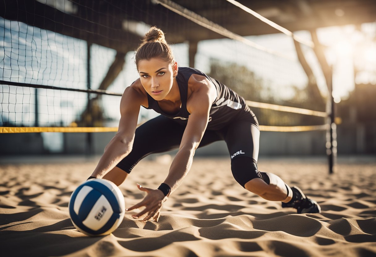 A volleyball player performing a dig, crouched low with arms extended, ready to receive and redirect the incoming ball