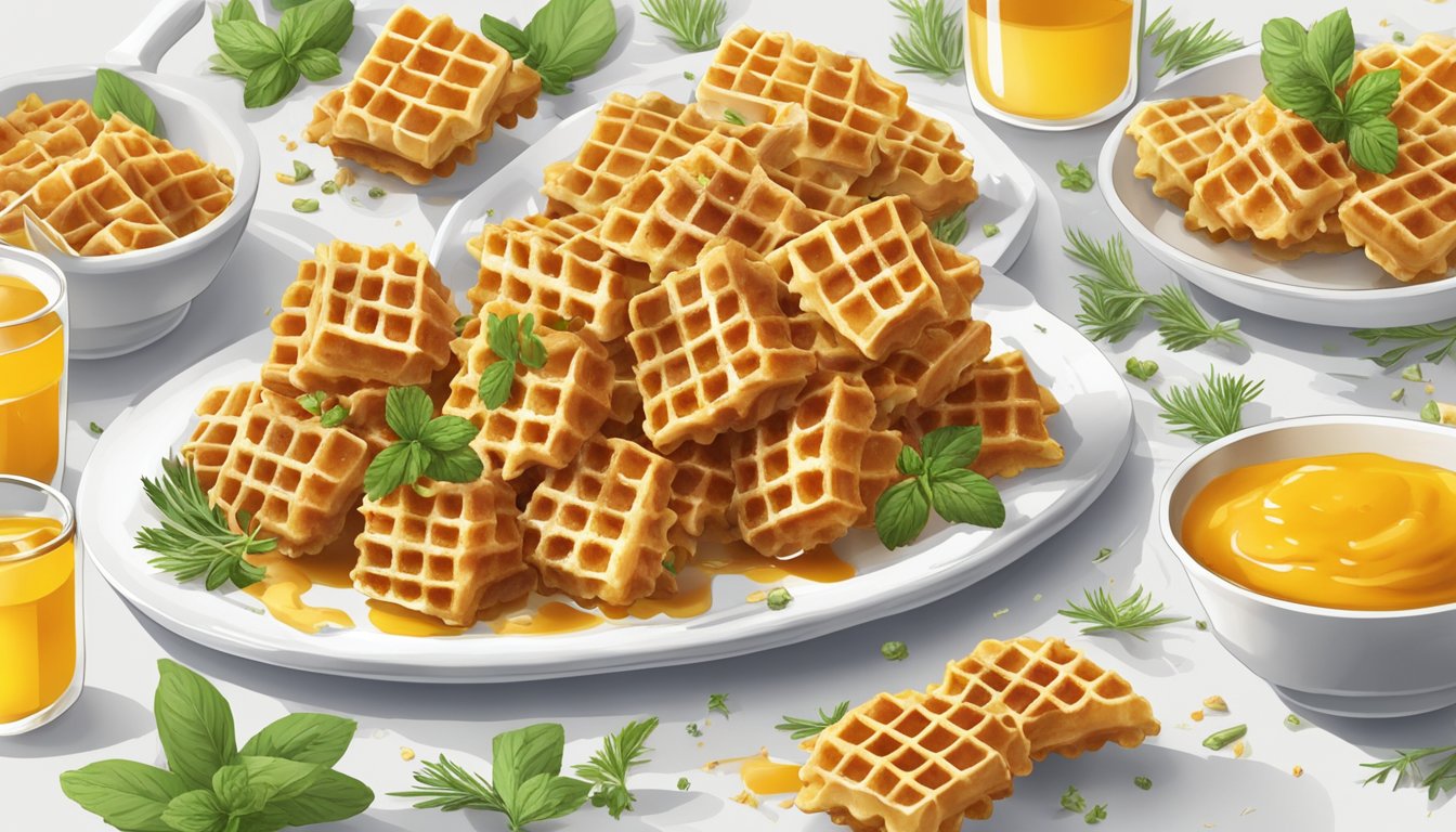 A plate of golden chicken and waffle bites, drizzled with syrup, surrounded by scattered herbs and spices