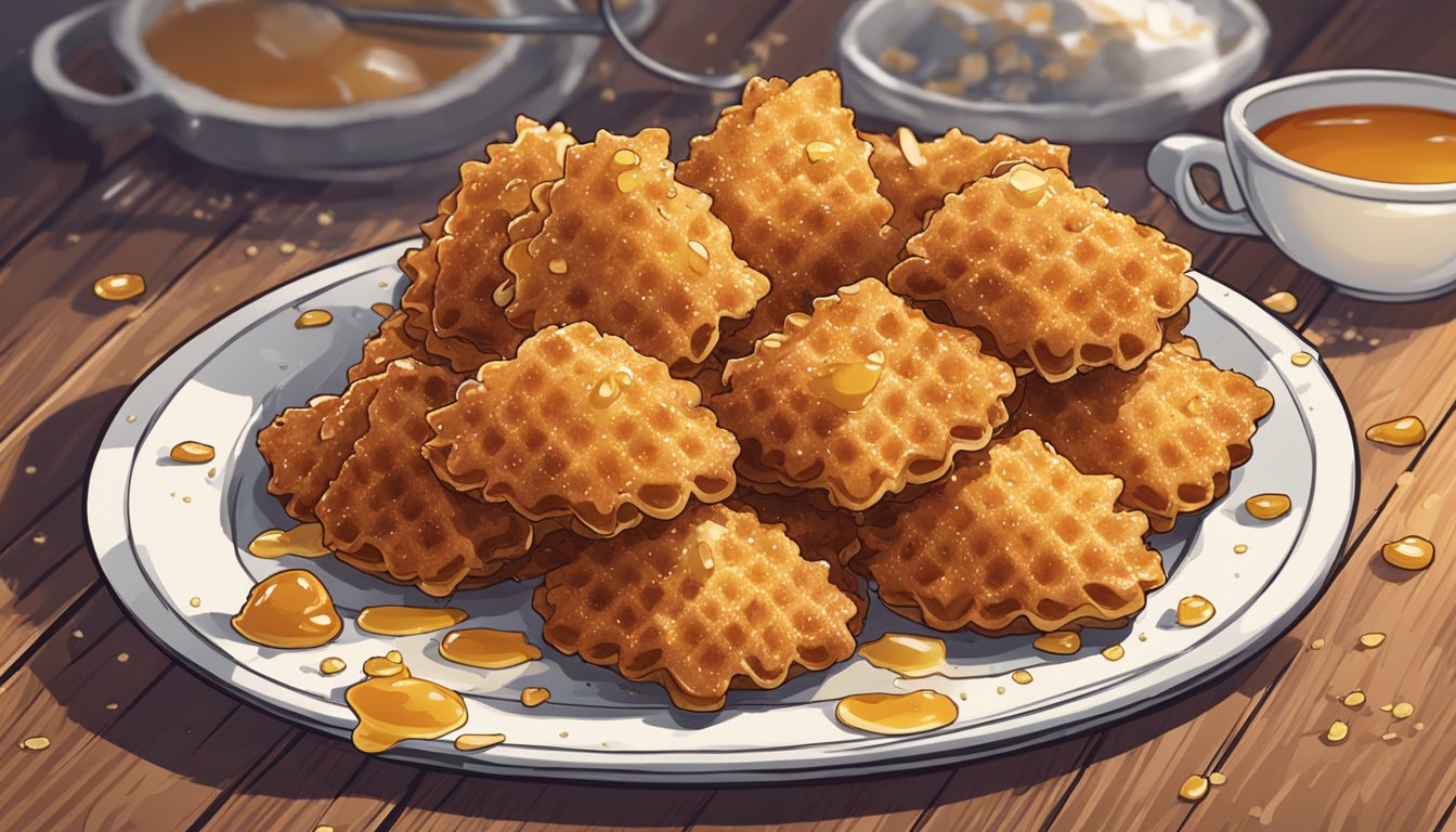 A plate of chicken and waffle bites sits on a wooden table, surrounded by scattered crumbs and a few drops of syrup