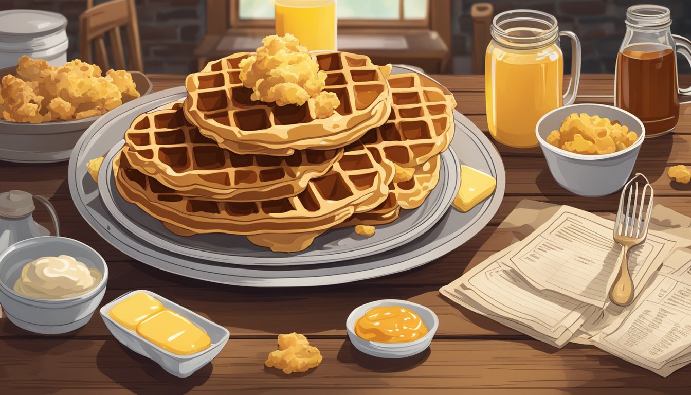 A plate of chicken and waffles sits on a rustic wooden table, surrounded by scattered ingredients and recipe cards. A jar of syrup and a pat of butter complete the scene