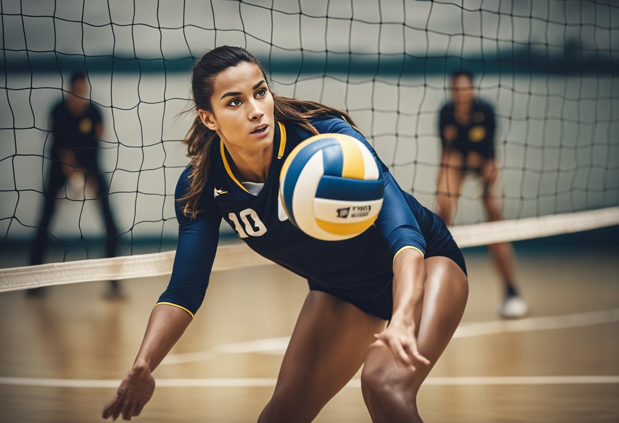 A volleyball player digging the ball with outstretched arms and focused expression