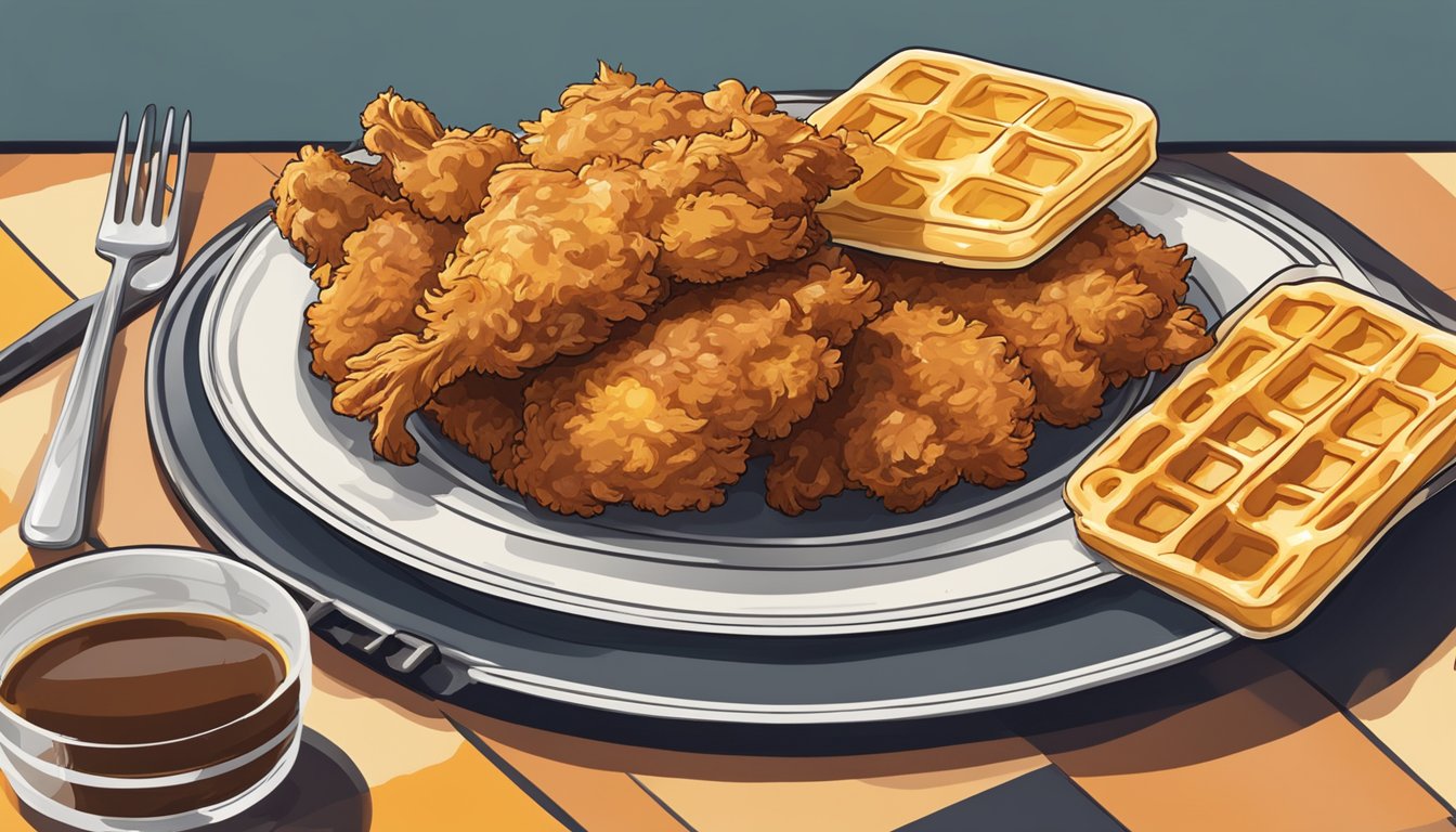 A plate of crispy fried chicken sits next to golden waffles, drizzled with syrup. A fork and knife rest on the side, ready to dig in