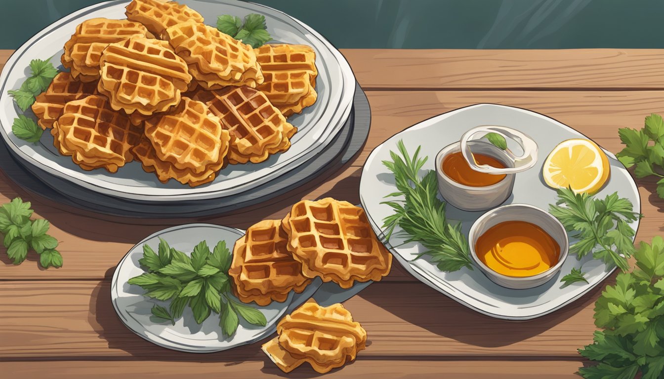 A plate of chicken and waffle bites sits on a wooden table, surrounded by fresh herbs and a drizzle of maple syrup