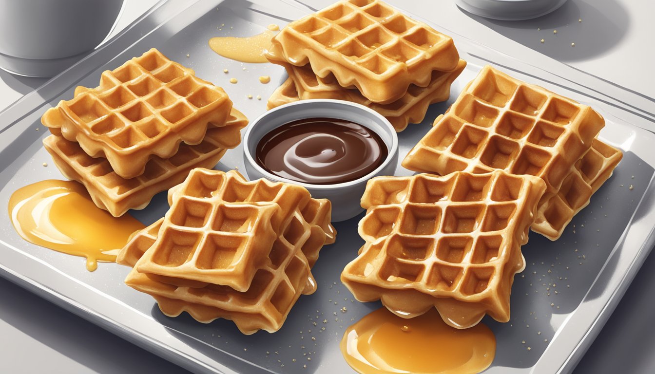 A plate of chicken and waffle bites arranged in a symmetrical composition, with a drizzle of syrup and a sprinkle of powdered sugar on top