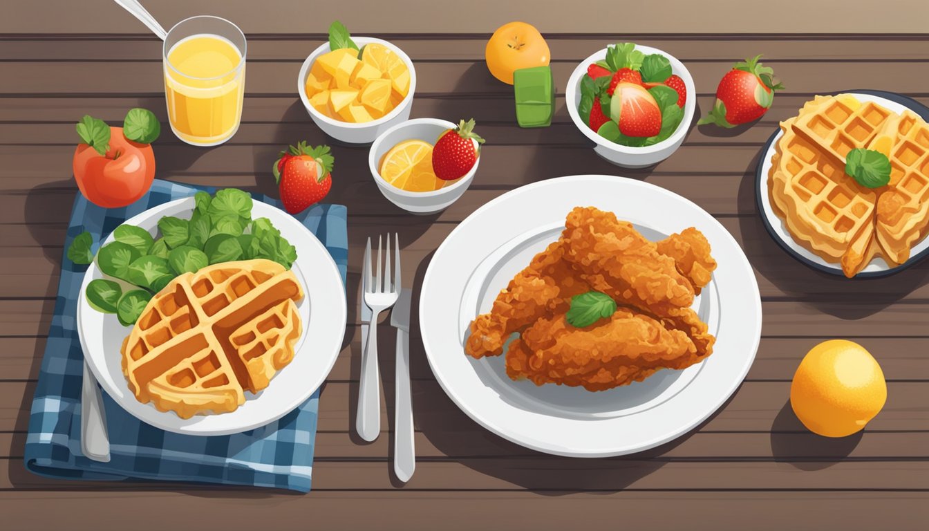 A plate of chicken and waffles sits on a table, surrounded by fresh fruits and vegetables. The food is arranged neatly and looks appetizing