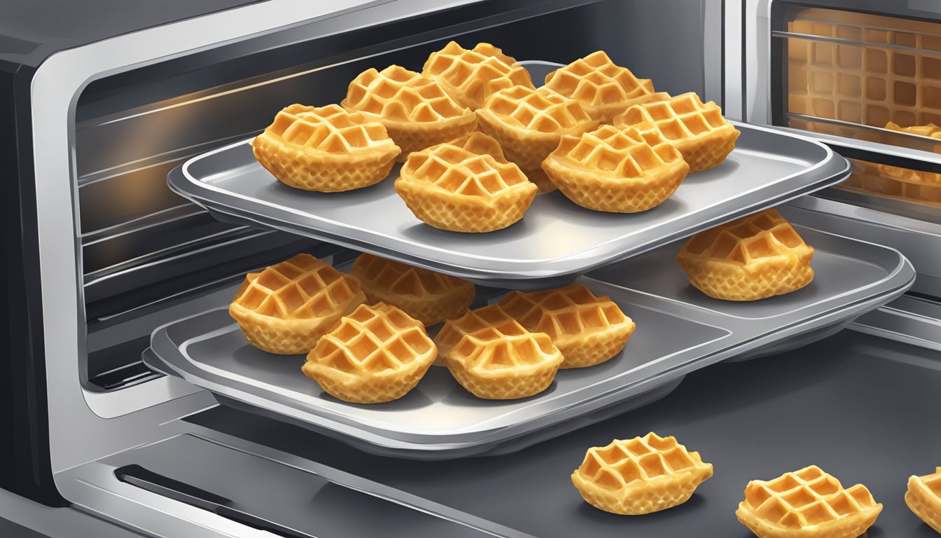 A plate of chicken and waffle bites being reheated in a microwave