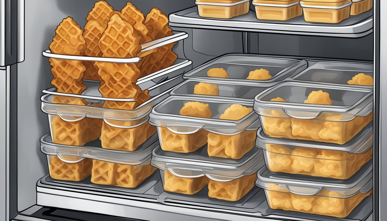 Airtight containers with labeled chicken and waffles bites stored in a refrigerator