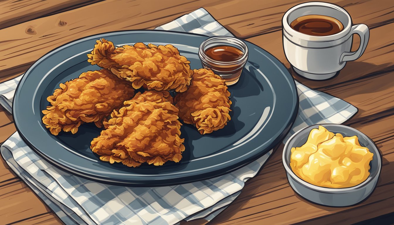 A plate with a crispy waffle topped with fried chicken, drizzled with syrup, and a side of butter on a wooden table