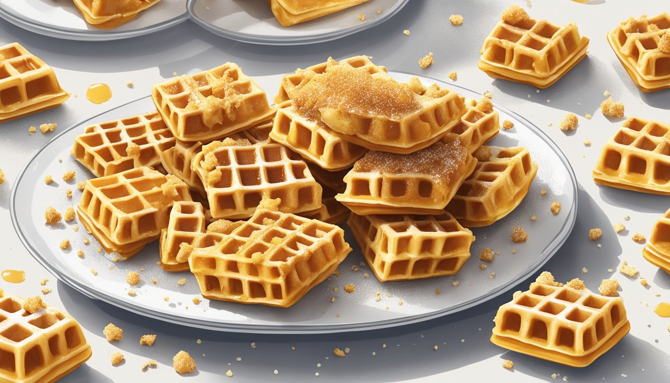 A plate of golden chicken and waffle bites sits on a white table, surrounded by scattered crumbs. The bites are topped with a drizzle of syrup and a sprinkle of powdered sugar