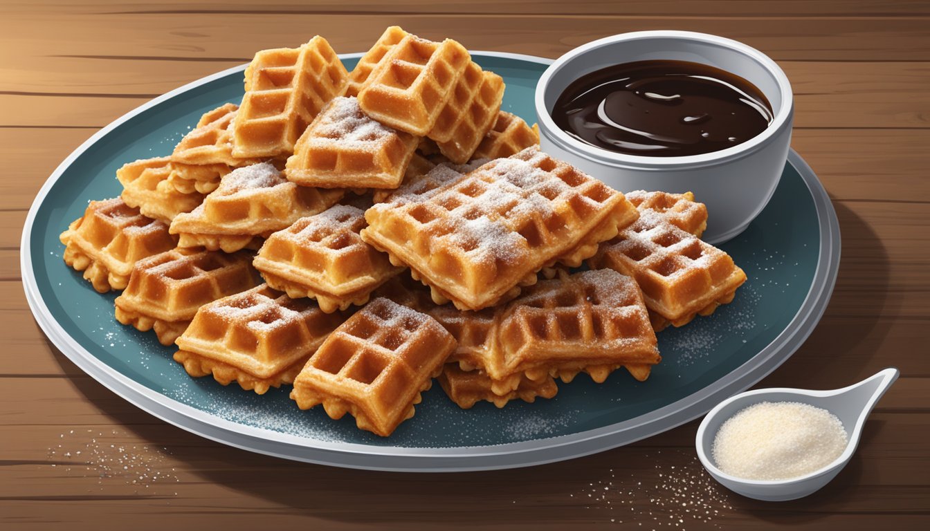 A plate of crispy chicken and waffle bites, surrounded by a drizzle of syrup and a sprinkle of powdered sugar, sitting on a rustic wooden table