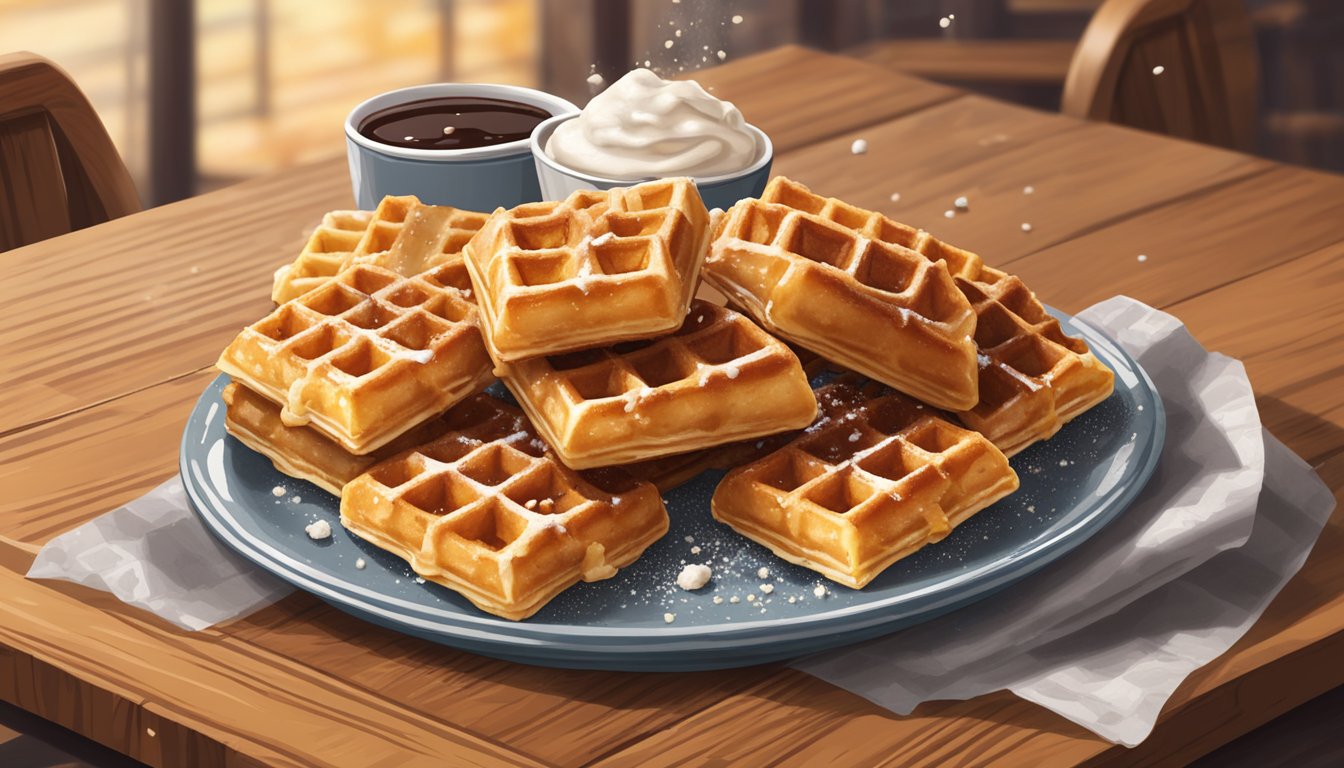 A plate of chicken and waffle bites sits on a warm, wooden table, surrounded by a drizzle of syrup and a sprinkle of powdered sugar