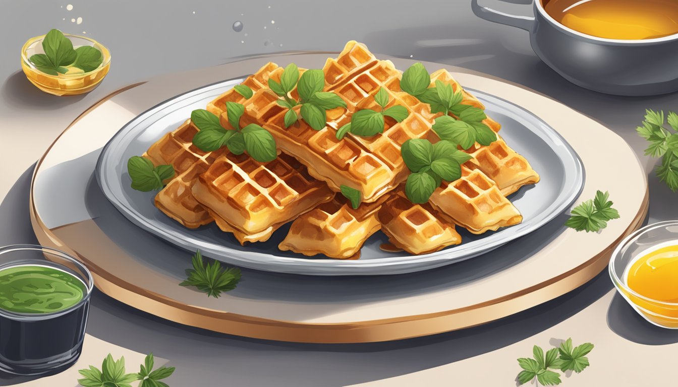 A plate of chicken and waffle bites arranged with syrup drizzle and garnished with fresh herbs