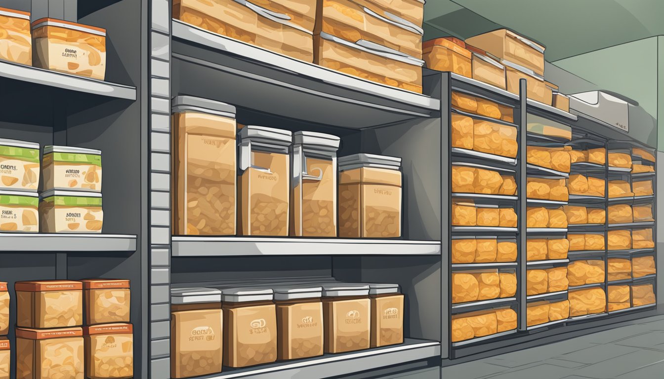 A kitchen pantry stocked with shelves of neatly stacked chicken chimichangas in various packaging, with a calendar on the wall marking the date of their storage