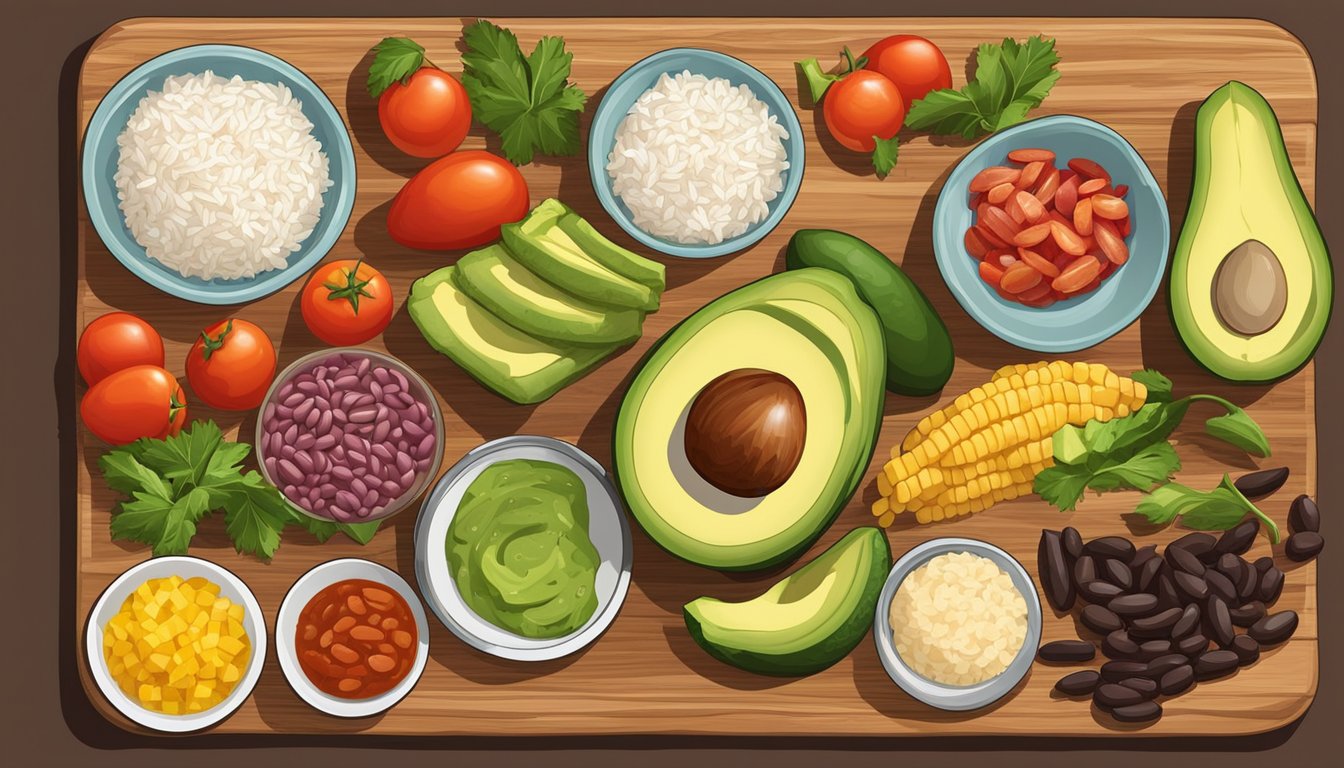 A colorful array of fresh ingredients - chicken, rice, beans, avocado, and salsa - arranged on a wooden cutting board