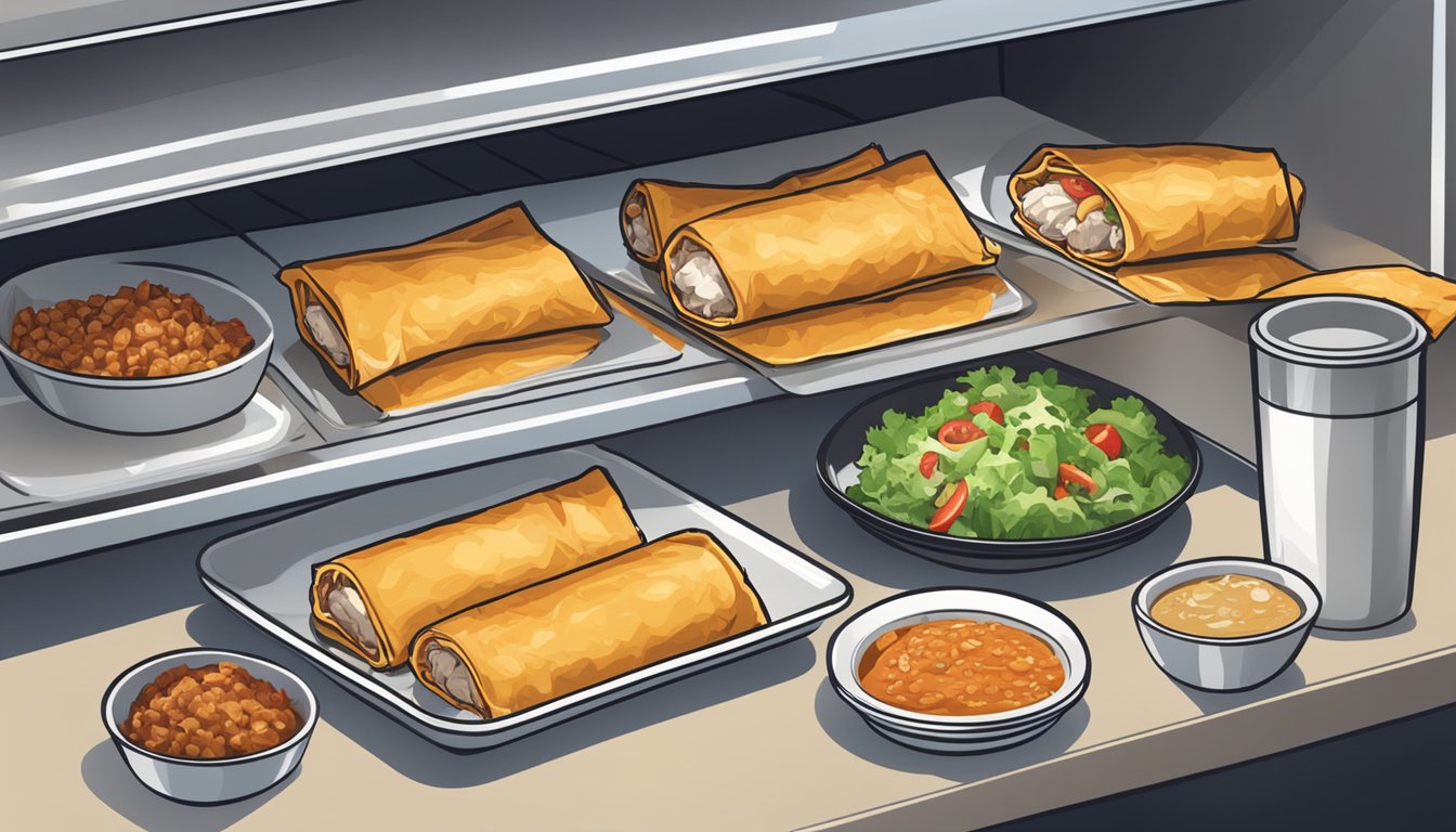 A plate of chicken chimichangas wrapped in foil, stored in the refrigerator alongside other leftovers