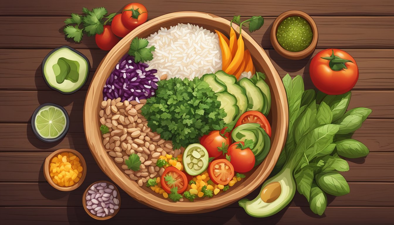 A colorful bowl filled with fresh ingredients like rice, beans, grilled chicken, and various toppings sits on a wooden table, surrounded by vibrant vegetables and herbs