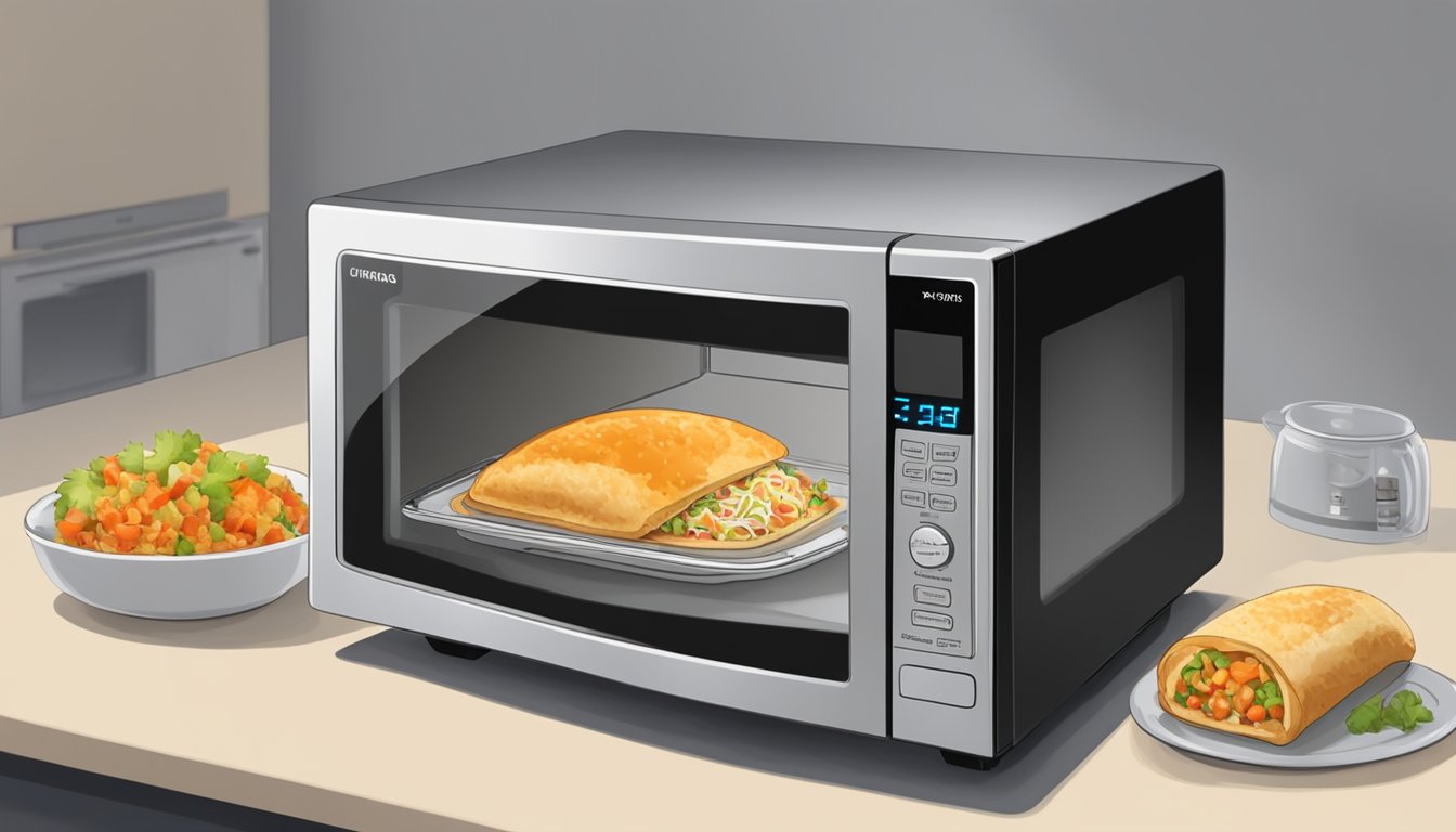 A microwave with a plate of chicken chimichangas inside, the timer set for reheating