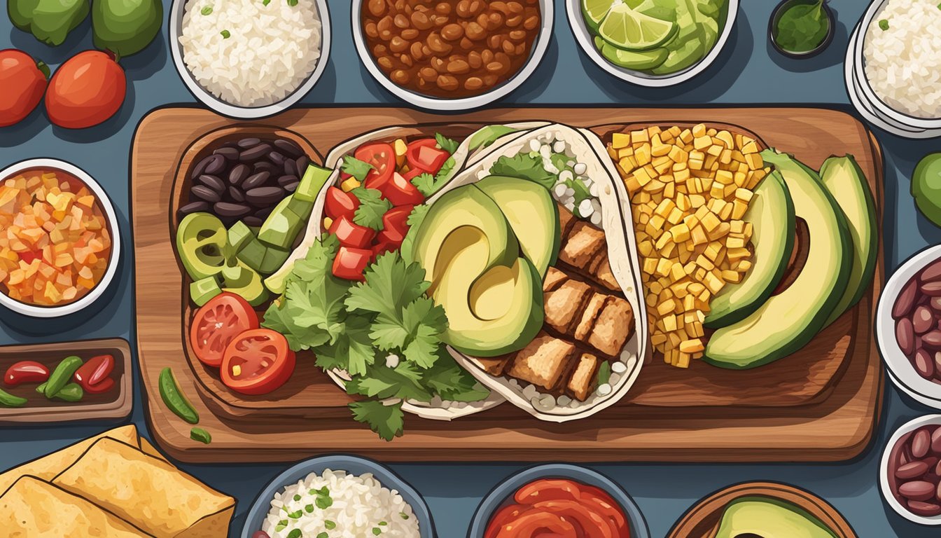 A colorful array of leftover burrito bowl ingredients arranged on a wooden cutting board, including grilled chicken, rice, beans, salsa, avocado, and various toppings