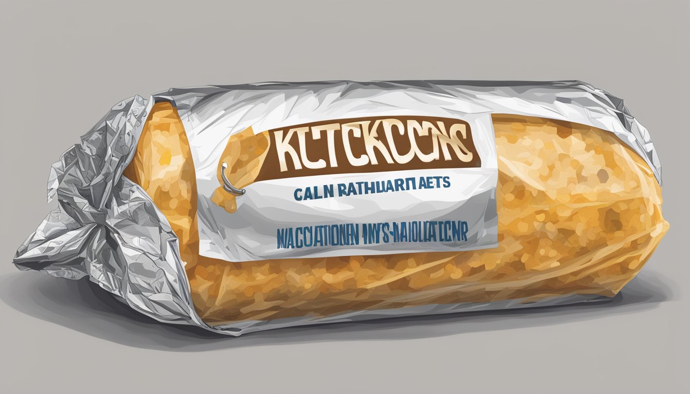 A chicken burrito wrapped in foil sits on a kitchen counter next to a labeled expiration date