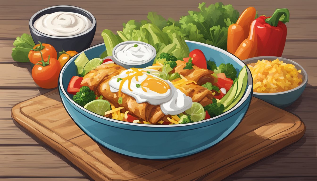 A chicken burrito bowl sitting on a wooden table, surrounded by colorful vegetables and topped with a dollop of sour cream