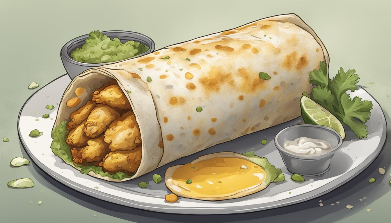 A chicken burrito sits on a plate, surrounded by moldy spots and emitting a foul odor