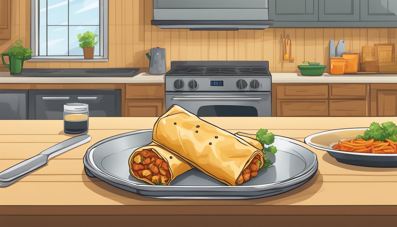 A kitchen counter with a plate of chicken chimichangas wrapped in foil. A clock on the wall indicates the time