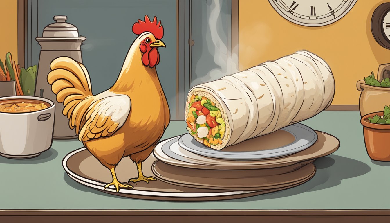 A chicken burrito sits on a plate, steam rising from the warm tortilla. A clock on the wall shows the current time, indicating the passing of time and the eventual consumption of the burrito