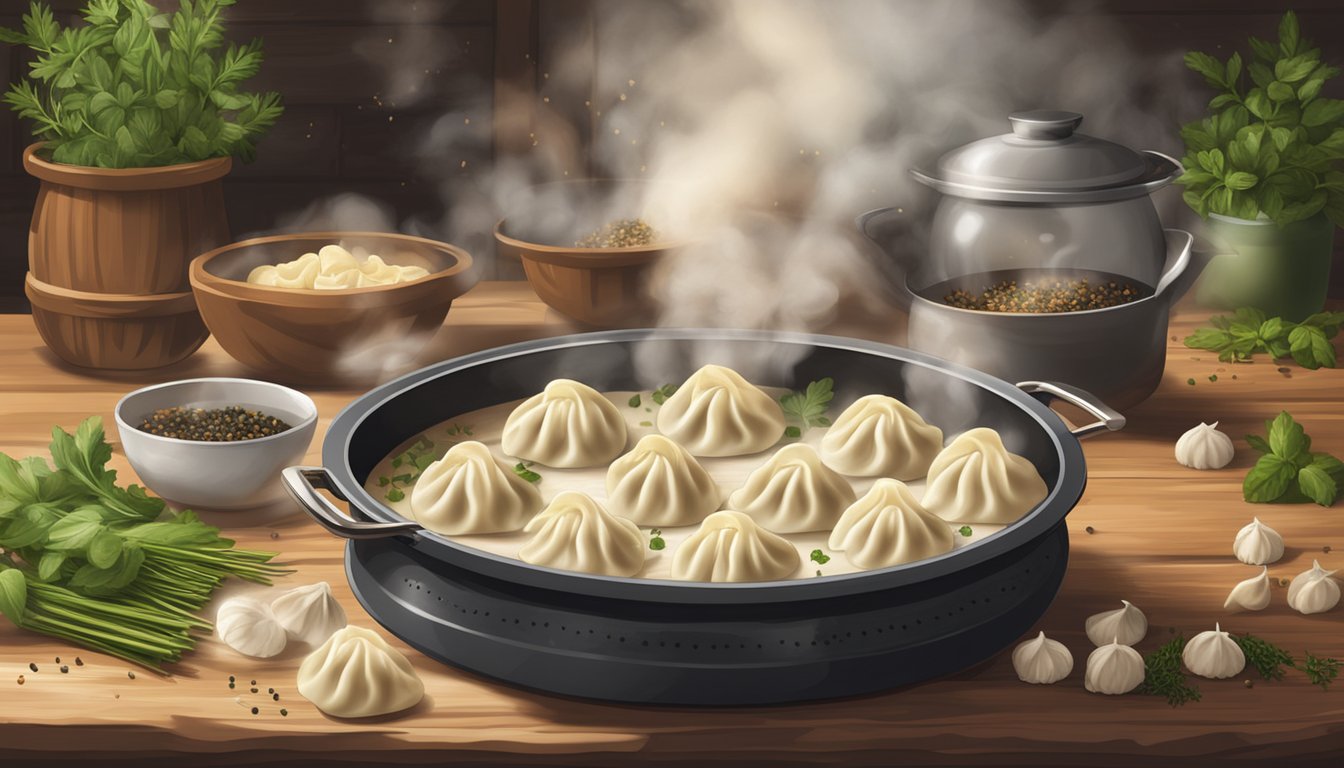 A steaming pot of chicken dumplings sits on a rustic wooden table, surrounded by scattered herbs and spices. A timer on the counter shows the passage of time