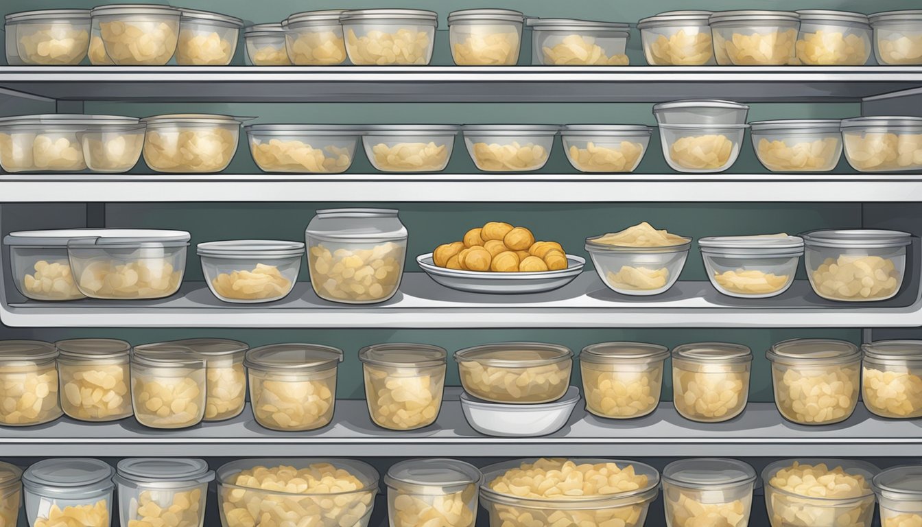 A bowl of chicken dumplings sits in a refrigerator, labeled with a date. Shelves are organized with containers for proper storage