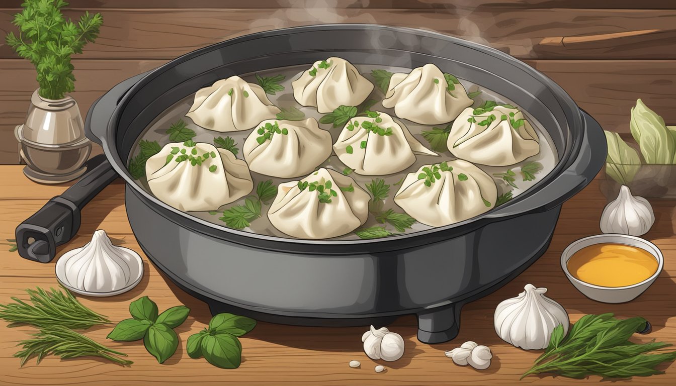 A steaming pot of chicken dumplings sits on a rustic wooden table, surrounded by fresh herbs and spices. A timer on the counter indicates the optimal cooking time