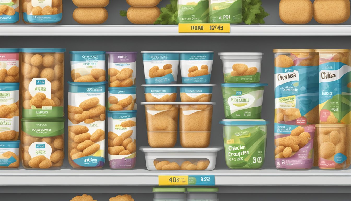 Airtight container on shelf, labeled "Chicken Croquettes," with expiration date marked