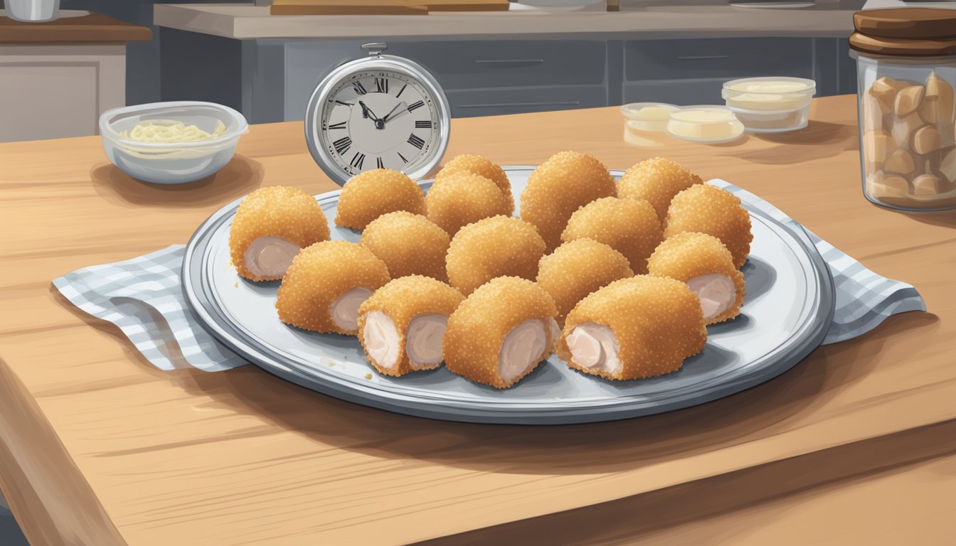 A plate of Chicken Cordon Bleu Bites sits on a kitchen counter, covered with plastic wrap. A clock on the wall shows the current time