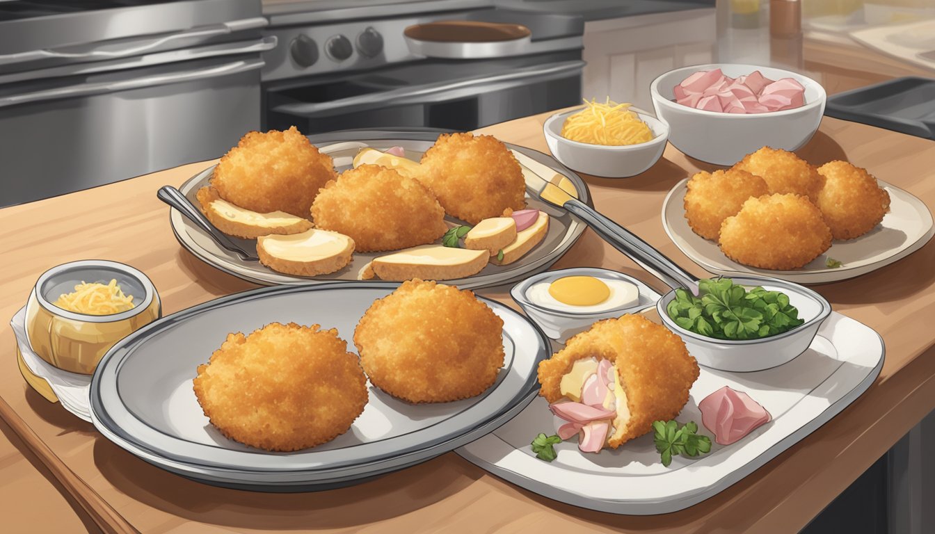 A plate of chicken cordon bleu bites sits on a countertop, surrounded by kitchen utensils and ingredients. The bites are golden brown and crispy, with melted cheese and ham peeking out from inside