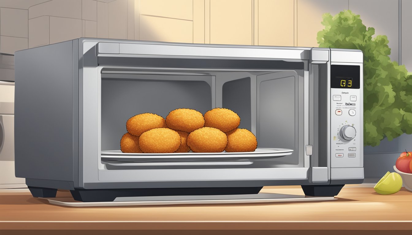 A plate of chicken croquettes being reheated in a microwave