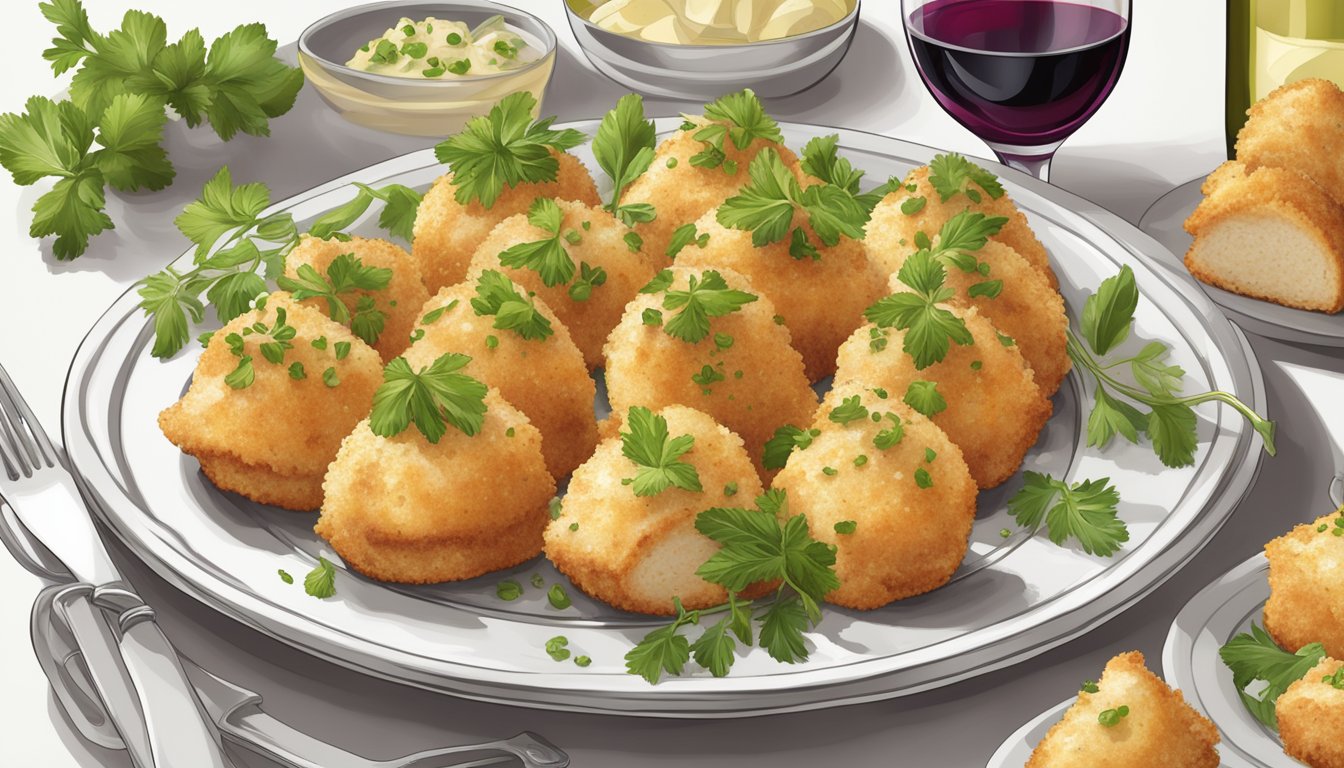 A platter of golden brown chicken cordon bleu bites surrounded by fresh herbs and accompanied by a selection of wine glasses