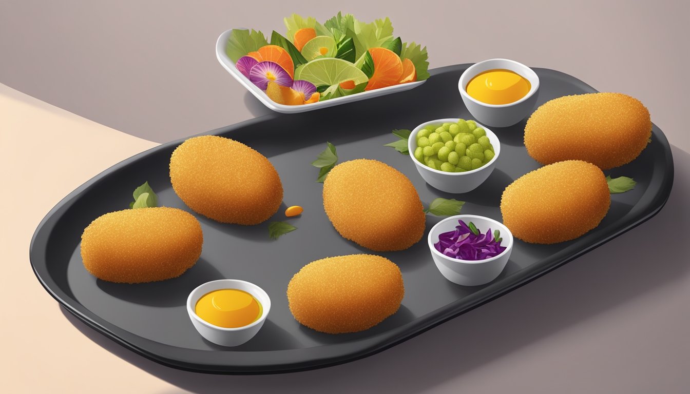 A platter of golden chicken croquettes arranged with colorful garnishes on a sleek, modern serving tray