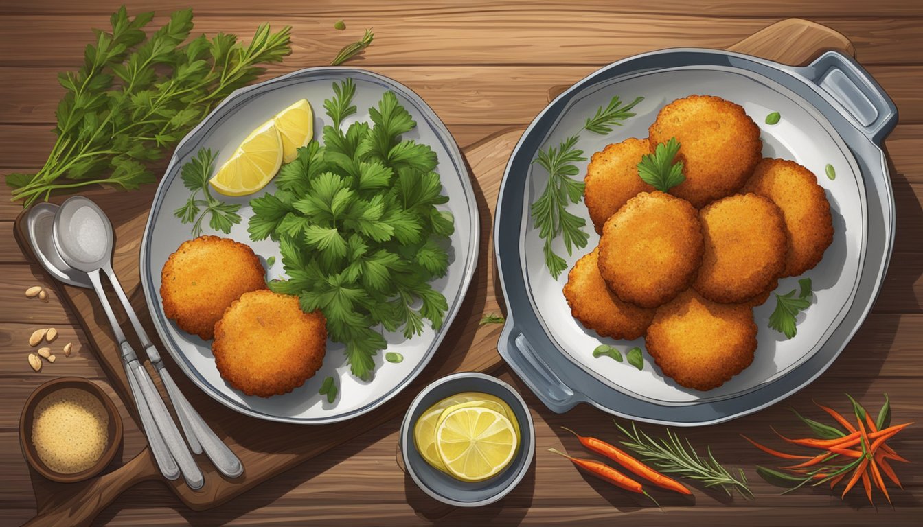 A plate of chicken croquettes sits on a rustic wooden table, surrounded by fresh herbs and spices. A steaming pot and sizzling skillet hint at the culinary techniques used to create the dish