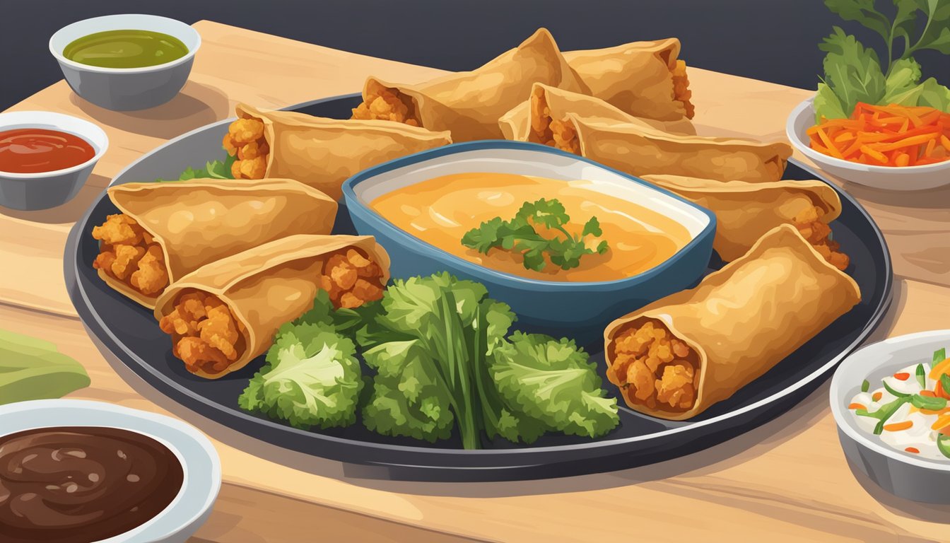 A plate of chicken egg rolls sits on a wooden table, surrounded by a colorful array of vegetables and dipping sauces