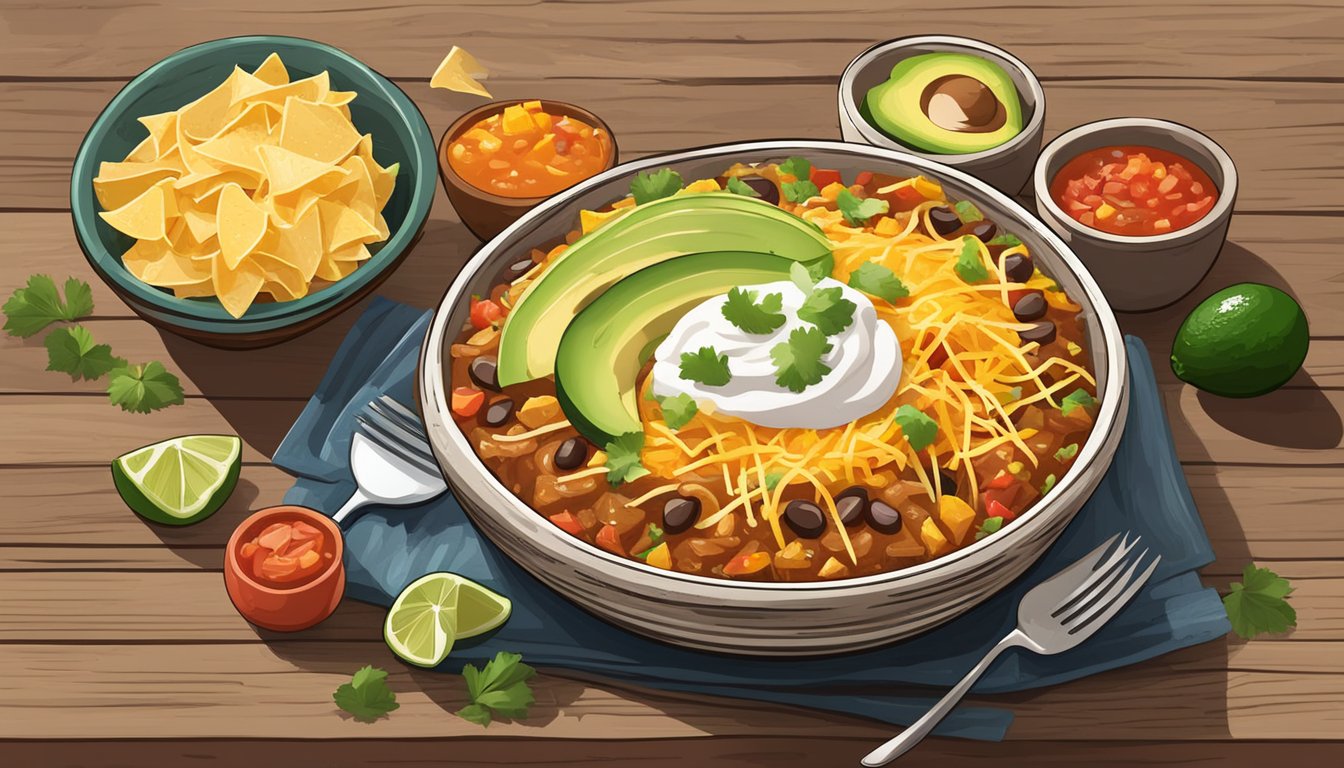 A steaming chicken enchilada bowl sits on a rustic wooden table, surrounded by colorful toppings like avocado, salsa, and cheese