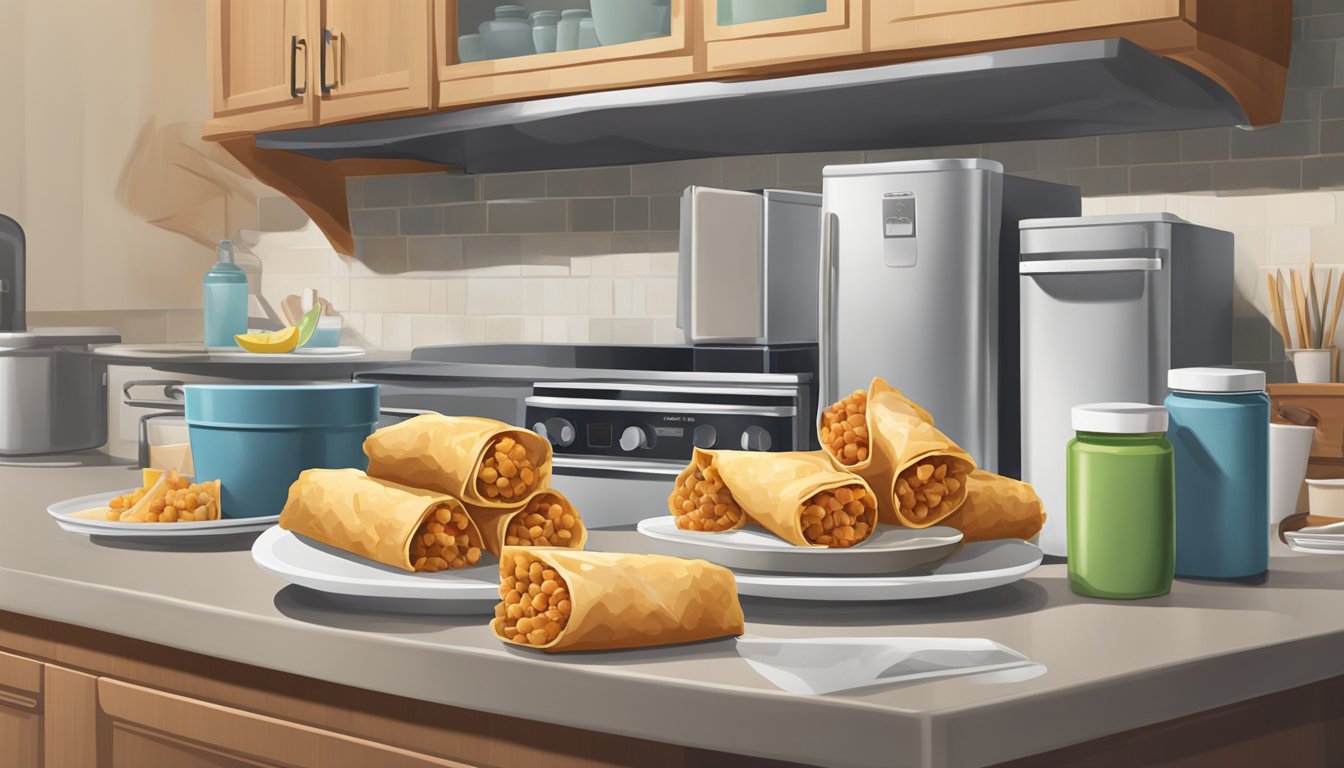 A plate of chicken egg rolls sits on a kitchen counter, surrounded by various storage containers and a refrigerator