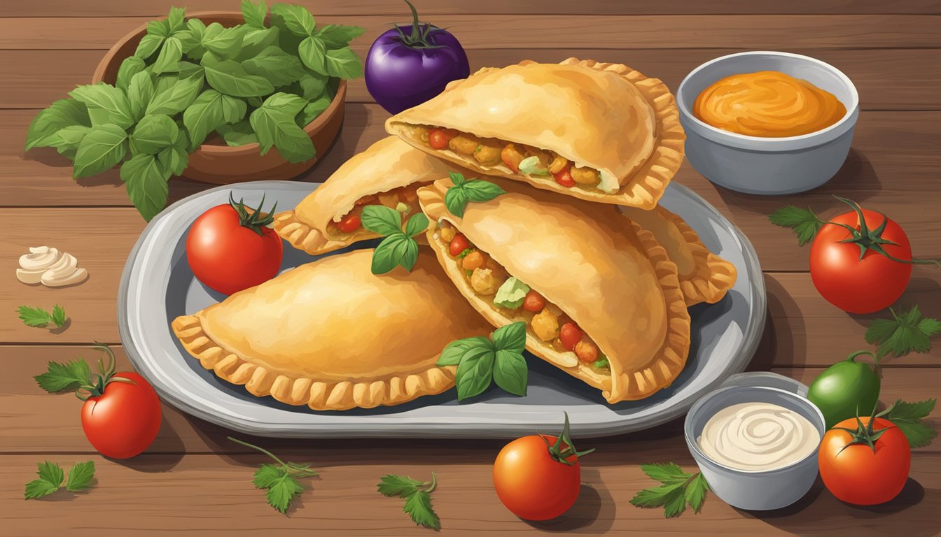 A plate of chicken empanadas sits on a rustic wooden table, surrounded by colorful ingredients like tomatoes, peppers, and herbs. The empanadas are fresh and inviting, with a golden, flaky crust