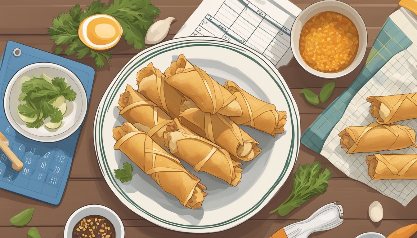 A plate of chicken egg rolls sits on a kitchen counter, surrounded by various ingredients and a calendar showing the current date