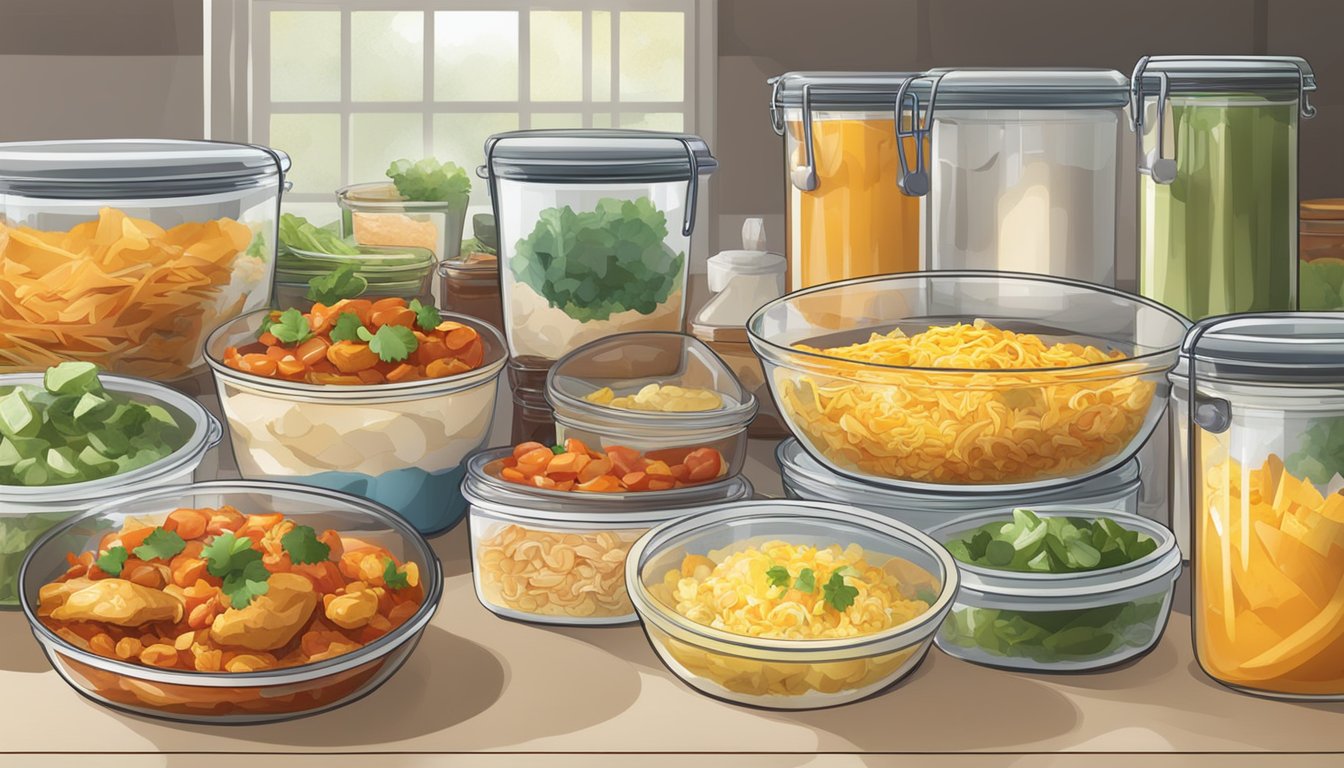 A kitchen counter with a variety of storage containers filled with chicken enchilada bowls