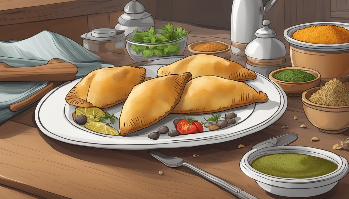 A kitchen counter with a plate of freshly baked chicken empanadas, surrounded by various spices and herbs, with a clock in the background indicating the passage of time