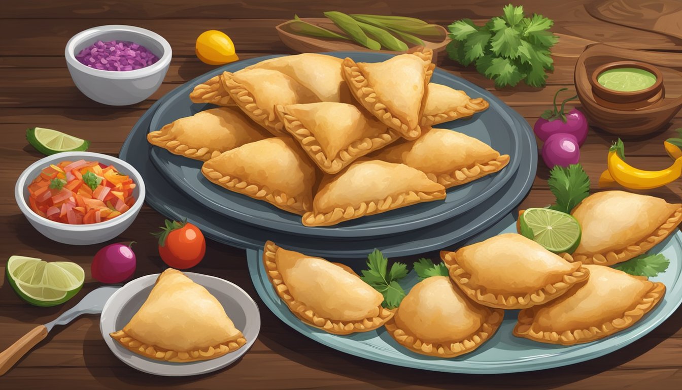 A plate of freshly baked chicken empanadas sits on a rustic wooden table, surrounded by colorful ingredients and cooking utensils