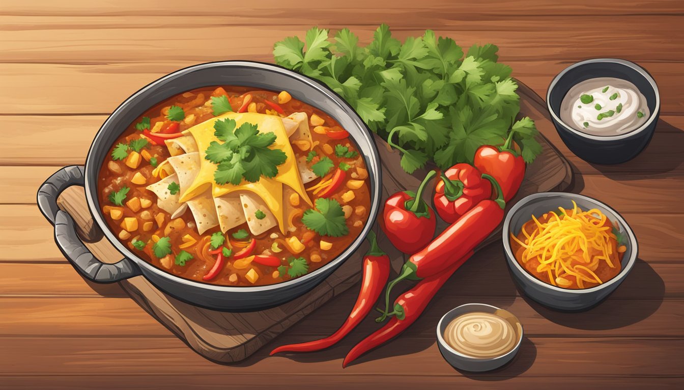 A steaming chicken enchilada bowl sits on a rustic wooden table, surrounded by vibrant peppers and fresh cilantro. The aroma of spicy, savory flavors fills the air